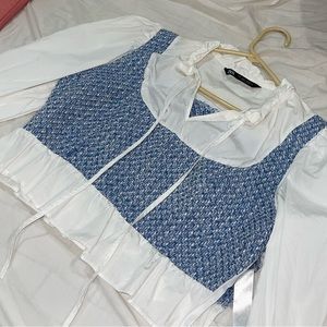 Zara Bell Sleeve Tweed White and Blue Top